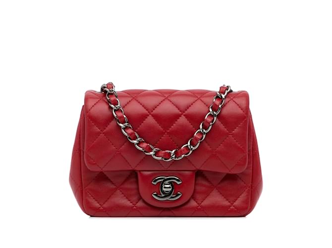 Borsa a tracolla singola con patta quadrata rossa Chanel Mini Classic in pelle di agnello Rosso  ref.1149790