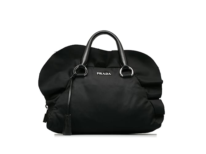 Black Prada Tessuto Ruffle Trim Bowler Bag Leather  ref.1150330