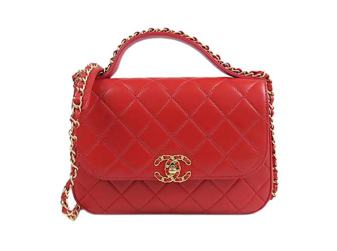 Bolso satchel rojo con solapa y asa superior Chanel Roja Cuero  ref.1150356