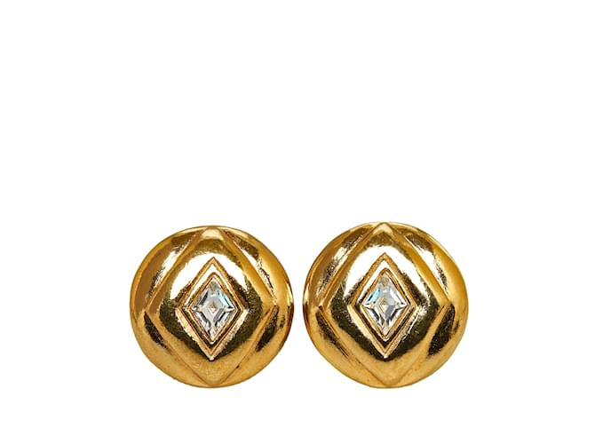 Gold Chanel Round Rhinestone Clip-On Earrings Golden  ref.1150666