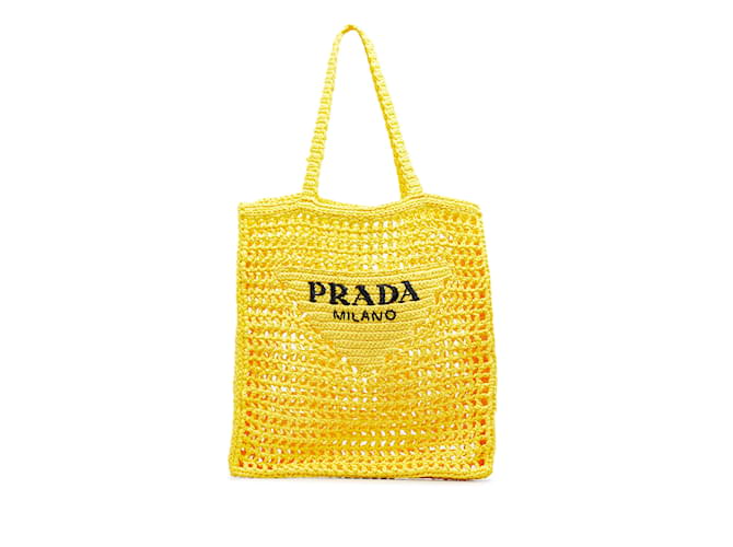 Yellow Prada Raffia Logo Tote Wicker  ref.1150756