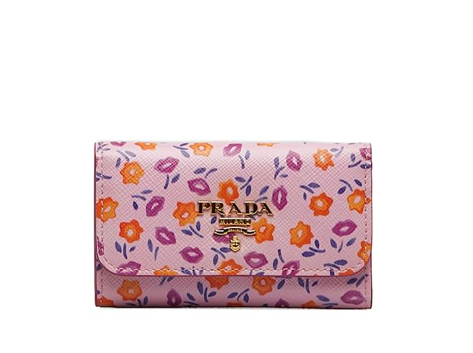 Pink Prada Floral Saffiano Key Case Leather  ref.1150826