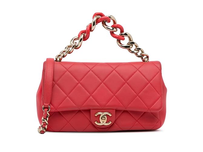 Cartable à rabat simple avec chaîne élégante en cuir d'agneau Mini Chanel rouge  ref.1151026