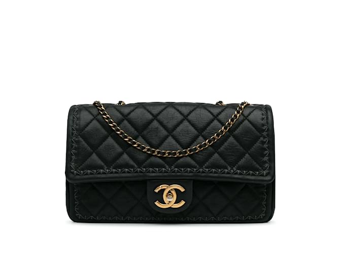 Black Chanel Quilted Lambskin Stitch Single Flap Crossbody Bag Leather  ref.1151029