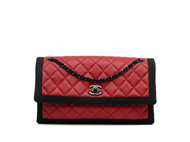 Bolsa de ombro com aba de pele de cordeiro vermelha Chanel CC Grossgrain Vermelho Couro  ref.1151052