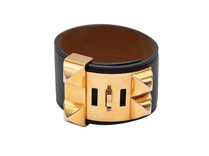 Großes Hermès-Medor-Manschettenarmband in Schwarz und Roségold Leder  ref.1151068