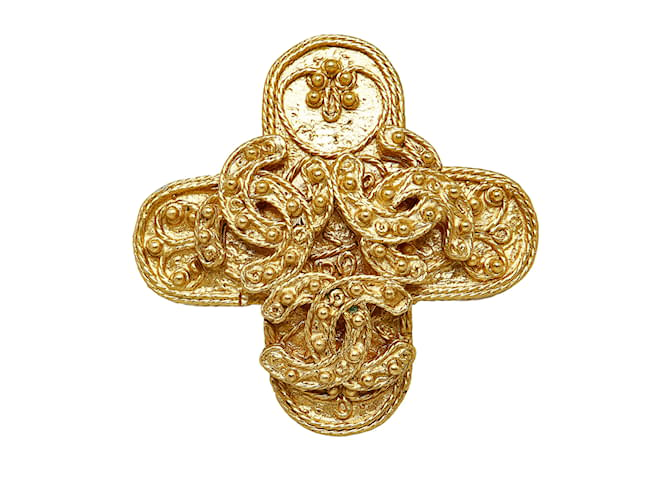 Broche Chanel Triple CC dorée Métal  ref.1151136