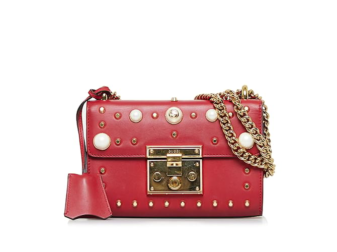 Red Gucci Pearl Studded Padlock Shoulder Bag Leather  ref.1151183