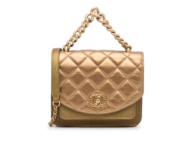 Bolsa Chanel Mini com Aba com Alça de Corrente Dourada Dourado Lona  ref.1151197