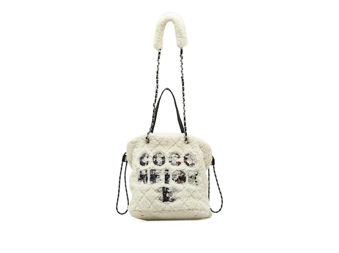 White Chanel Shearling Coco Neige Tote Satchel Wool  ref.1151216