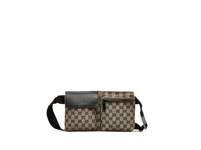 Brown Gucci GG Canvas Double Pocket Belt Bag Leather  ref.1151633