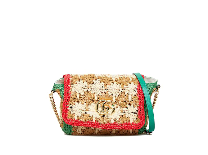 Bandolera Gucci pequeña de rafia GG Marmont marrón Castaño Cuero  ref.1151804