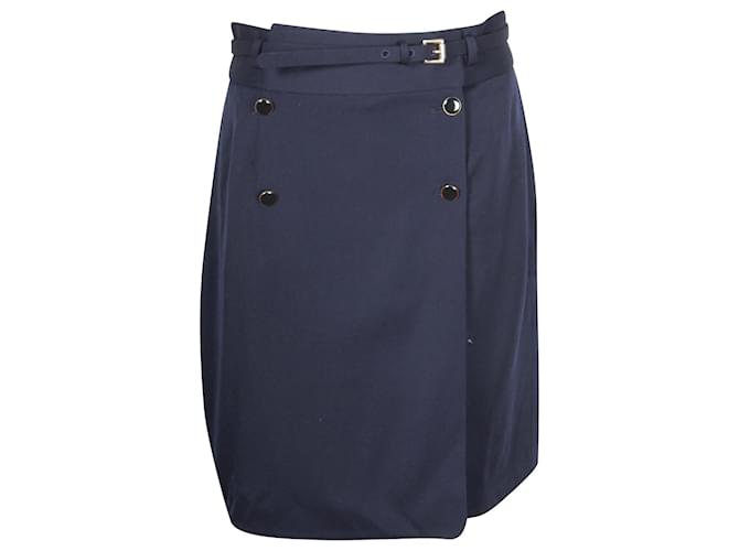 Alexander McQueen Belted Knee-Length Skirt in Navy Blue Virgin Wool  ref.1151854