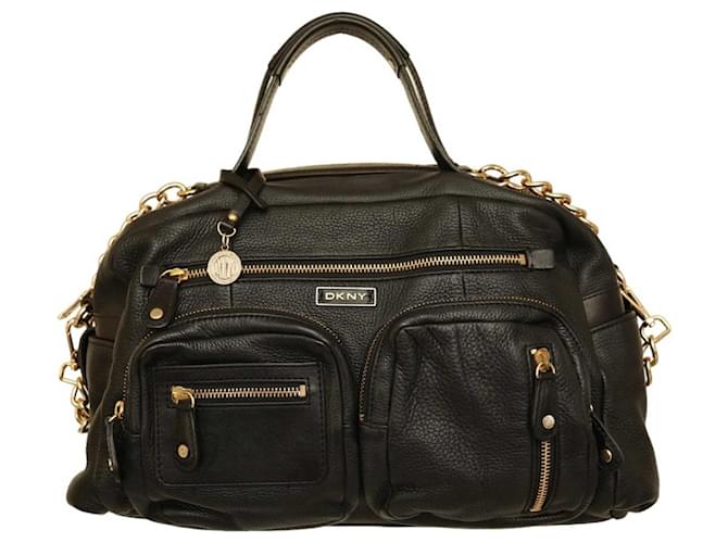 Donna Karan DKNY Black Leather Top Handles Satchel Pockets Chain Shoulder Bag  ref.1152358
