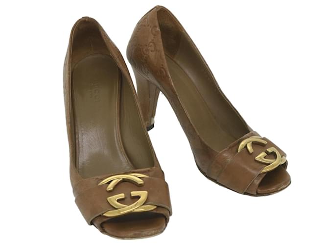 GUCCI Guccissima GG Canvas High Heels Leather 37 C Brown Auth ti1349  ref.1152596