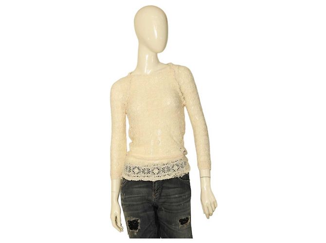 Isabel Marant Vanille Creme elastische Spitze schiere taillierte Bluse Top-Größe 2 Roh
