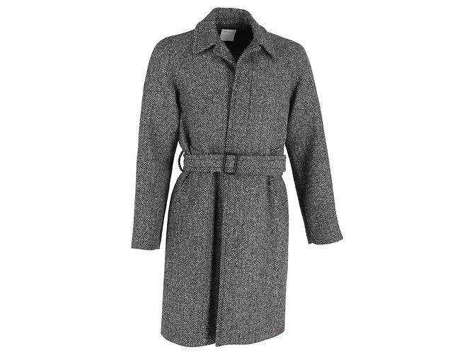 Sandro Paris Herringbone Belted Coat in Grey Wool Blend