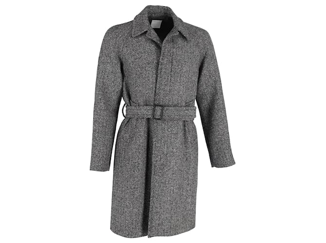 Sandro Paris Herringbone Belted Coat in Grey Wool Blend  ref.1154174