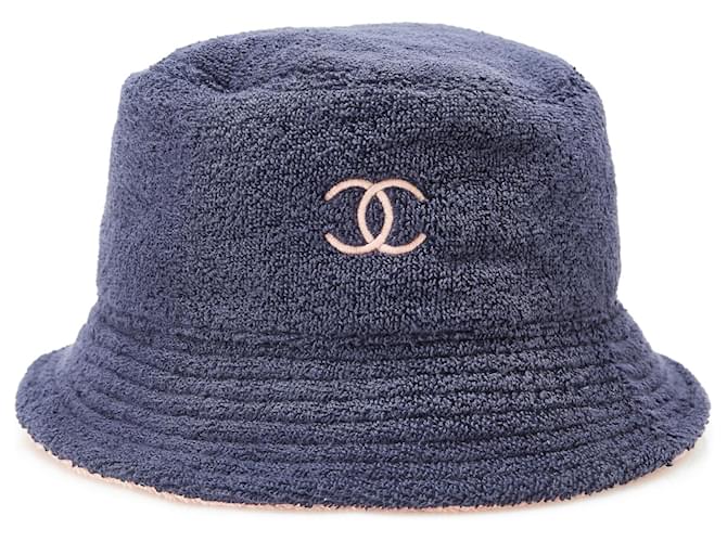 Chapéu Bucket Chanel Azul Terry Pano CC Azul marinho Algodão  ref.1154526