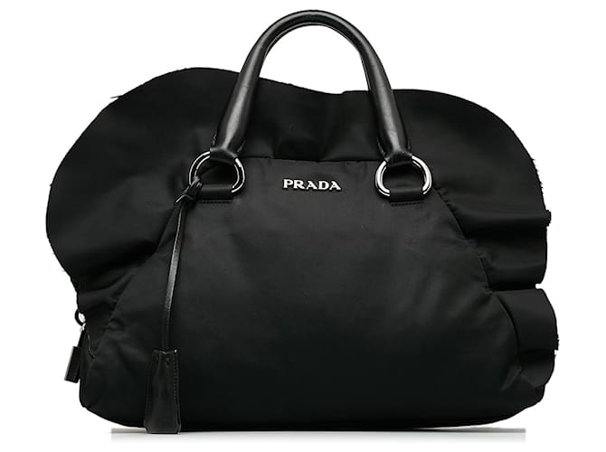 Prada Black Tessuto Ruffle Trim Bowler Bag Leather Pony-style calfskin Nylon Cloth  ref.1154576