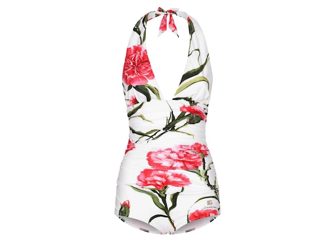 Dolce & Gabbana Ruched Floral Print Halterneck Swimsuit White Synthetic  ref.1155785