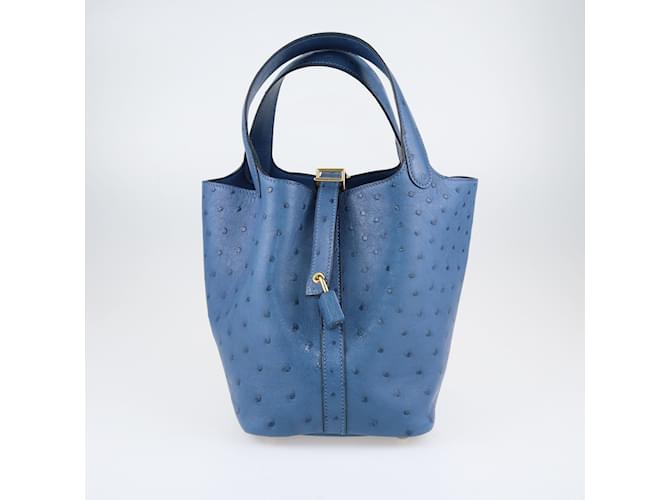 Hermès Lucchetto Picotin di struzzo blu Roi 18 bag Pelle  ref.1155828