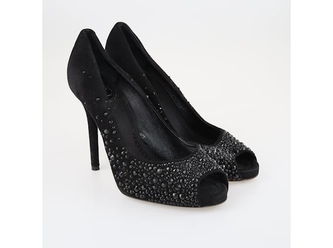 Dolce & Gabbana Zapatos de tacón peep toe con adornos de cristal negros Lienzo  ref.1155849