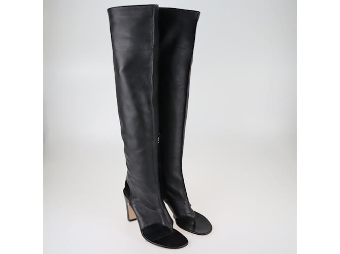 Chanel Stivali neri con tacco CC perizoma aperto Nero Pelle  ref.1155862