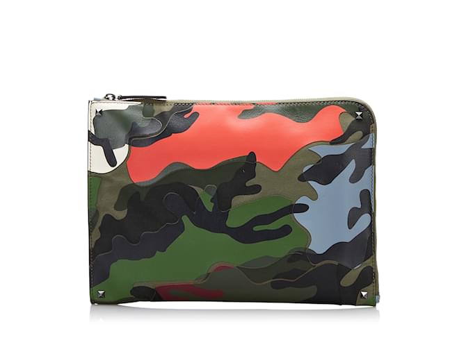 Green Valentino Camouflage Canvas and Leather Clutch Bag  ref.1155957