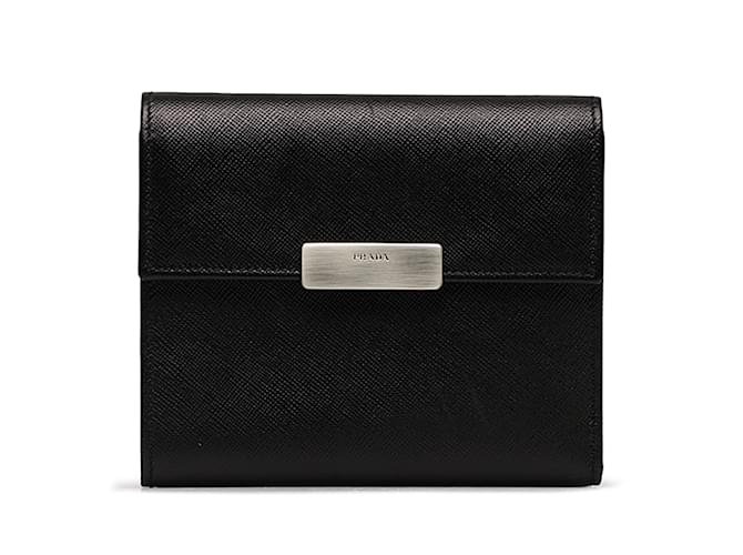 Black Prada Saffiano Tri-fold Wallet Leather  ref.1156056