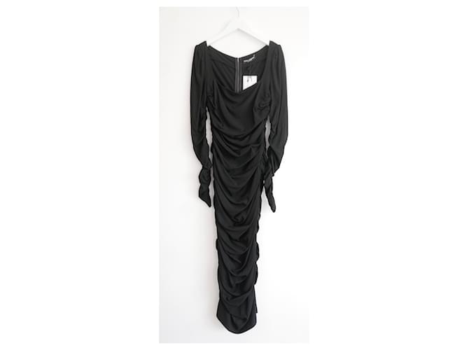 Dolce & Gabbana Vestido midi de crepé fruncido negro Seda Viscosa Elastano  ref.1156214