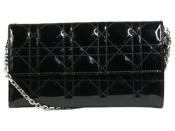 Christian Dior Black 2014 silver hardware patent Lady Dior Wallet On Chain Leather  ref.1156786