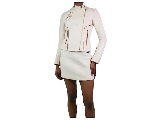 Maje Cream leather and tweed biker jacket - size UK 8 Cotton  ref.1156840