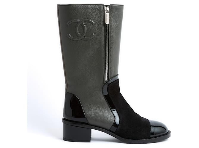 Chanel KHAKI BLACK BOOTS EU39 New Leather Patent leather Deerskin  ref.1158334