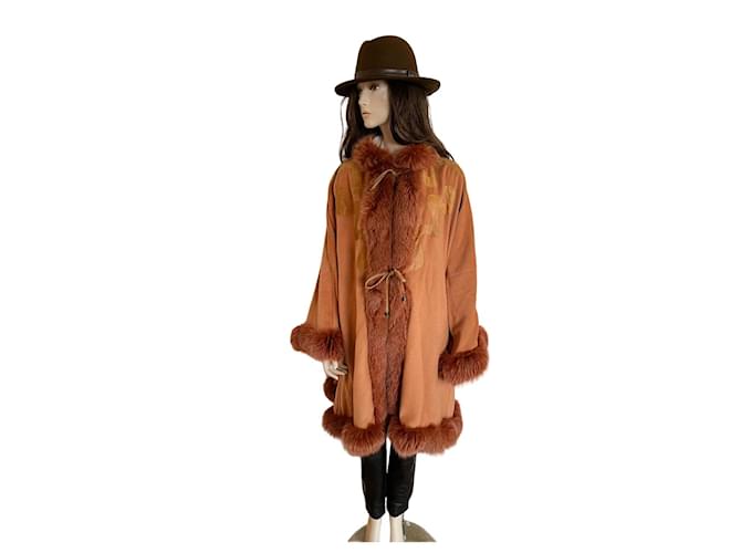 Vintage Cape Hermès coat (46) Peach Cashmere Wool Fur  ref.1158439