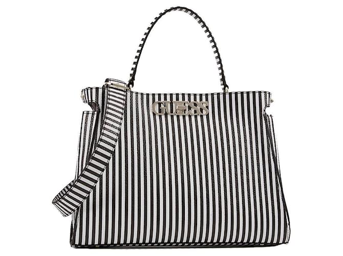 Bolsa GUESS Uptown Chic Stripe branca/Novo Preto Branco Sintético  ref.1158450