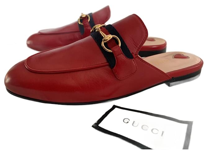 Gucci Princetown Red Navy blue Gold hardware Leather Metal  ref.1158451