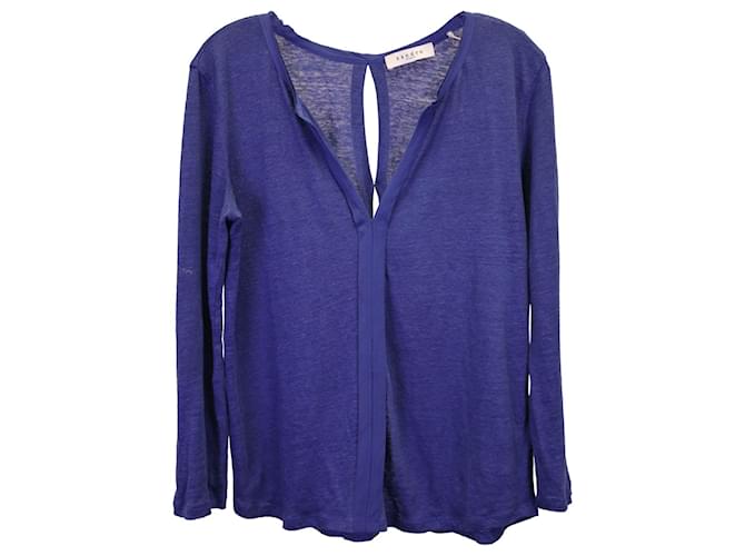 Sandro Paris Cut-Out Long-Sleeved Top in Blue Linen  ref.1158456