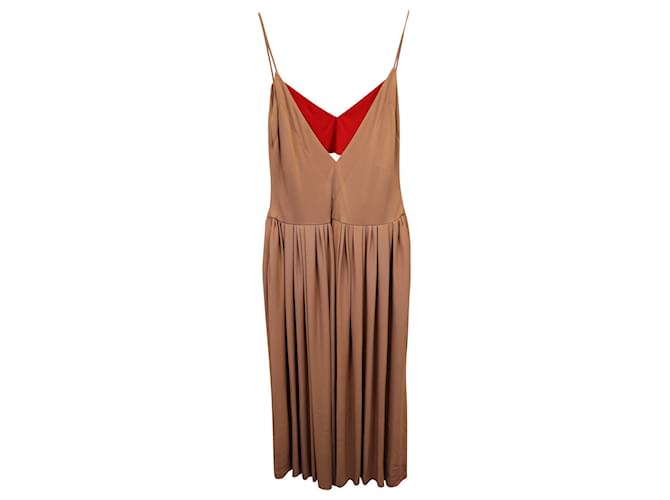 Victoria Beckham Pleated V-Neck Midi Dress in Brown Viscose Beige Cellulose fibre  ref.1158457