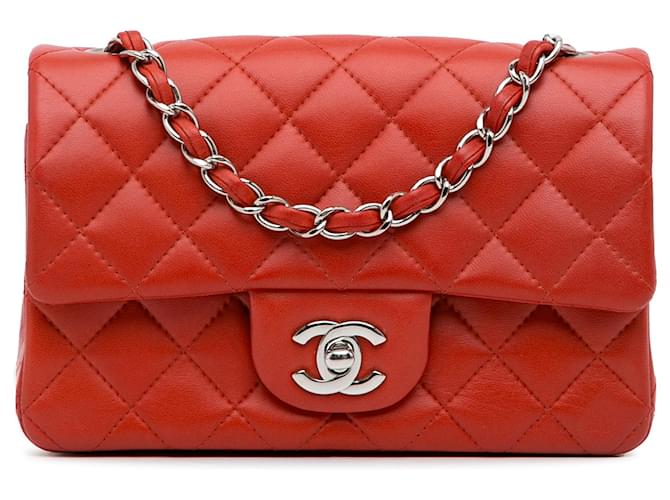 Chanel vermelho mini clássico aba única retangular de pele de cordeiro Couro  ref.1158933