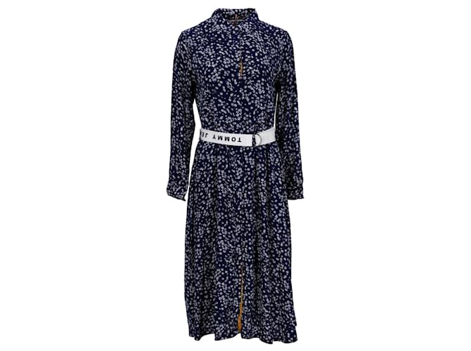 Tommy Hilfiger Womens Ditsy Floral Print Shirt Dress in Blue Viscose Cellulose fibre  ref.1159098