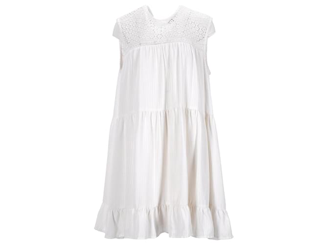 Tommy Hilfiger Womens Sleeveless Lace Embroidery Logo Dress in White Polyester  ref.1159105