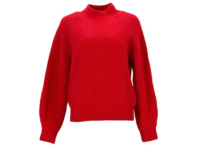 Maglione da donna con maniche a palloncino a collo alto e finto Tommy Hilfiger in lana rossa Rosso  ref.1159135