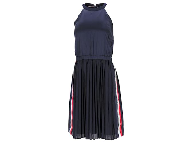 Tommy Hilfiger Womens High Neck Pleated Satin Dress in Navy Blue Polyester  ref.1159167