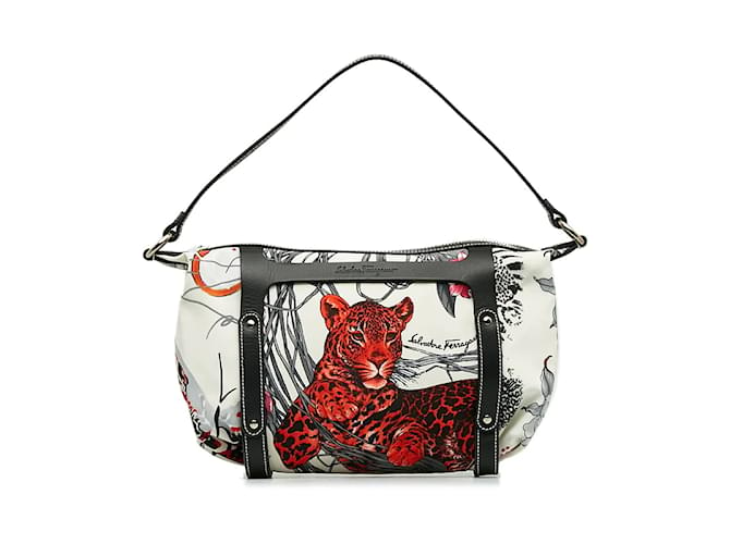 Salvatore Ferragamo Leopard Print Nylon Handbag AU-22 6192 White Cloth  ref.1159201