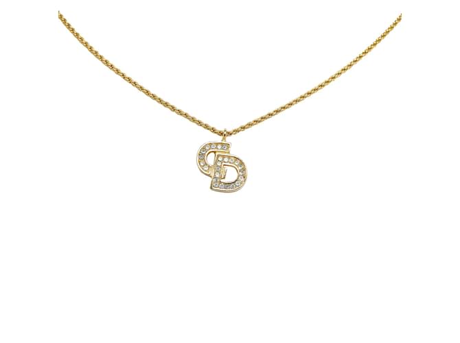 Dior Logo Rhinestone Pendant Necklace Golden Metal  ref.1159212
