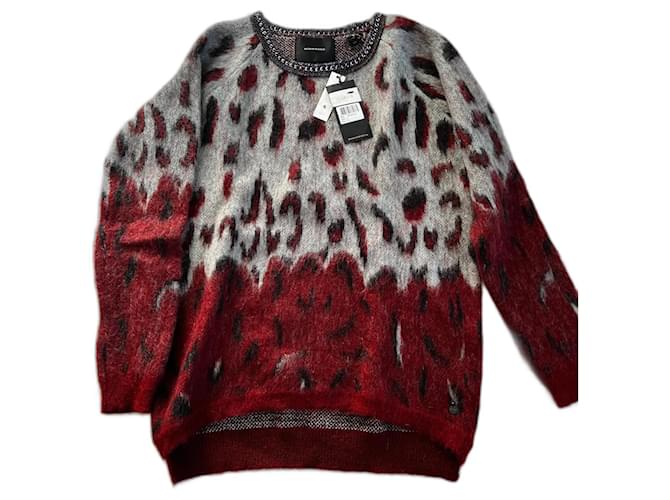 Maison Scotch leopard sweater size 38/40 Grey Dark red Wool Nylon Acrylic  ref.1159945