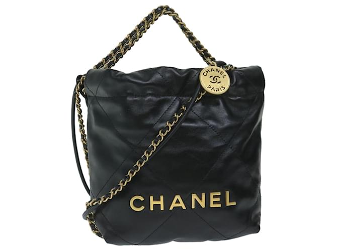 Chanel Chanel 22 Bolsa de mão com corrente em couro preto AS3980 Autenticação CC 59889S  ref.1159966