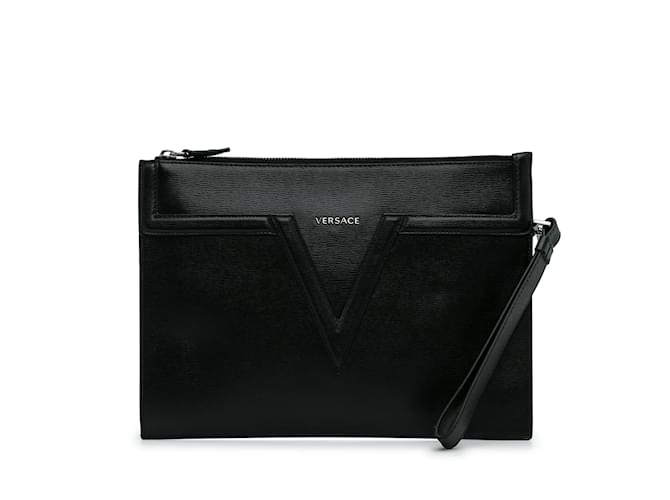 Black Versace V Logo Leather Clutch  ref.1160133