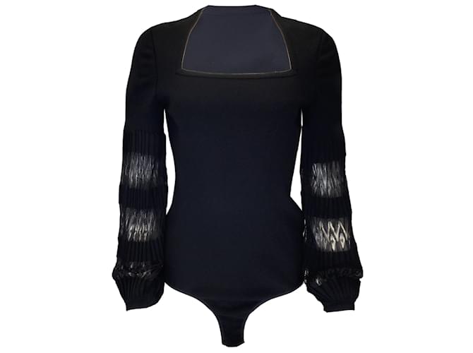 Alaïa Alaia Body noir en tricot extensible à manches longues et col carré Viscose  ref.1160630